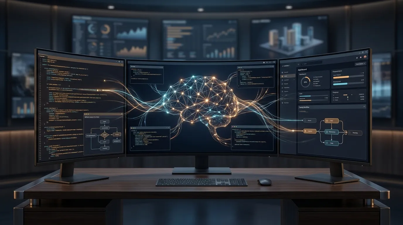 Advanced AI coding model analyzing software, running tests and verifying its work