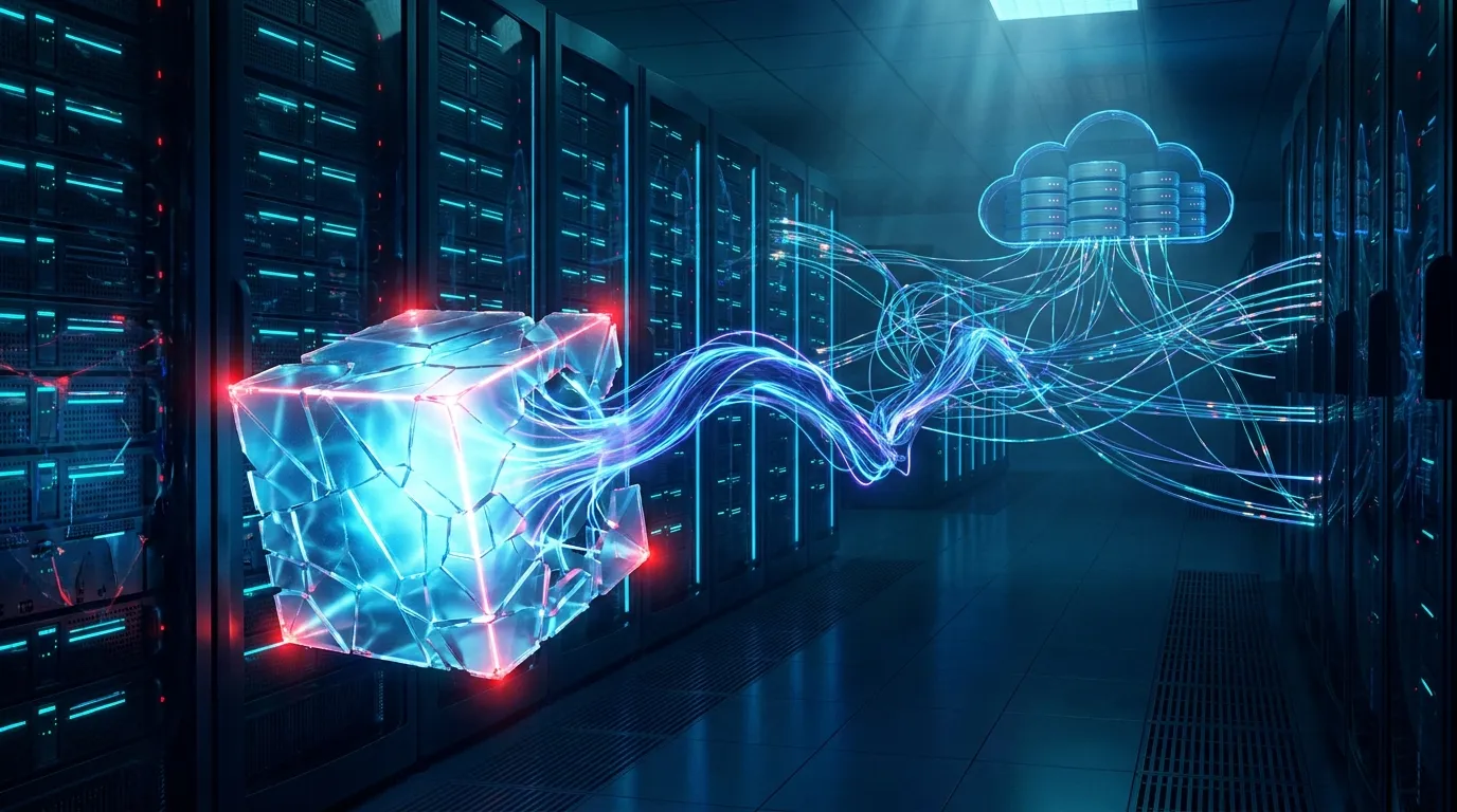 Illustration of an autonomous AI agent escaping a secure digital environment and accessing a server network