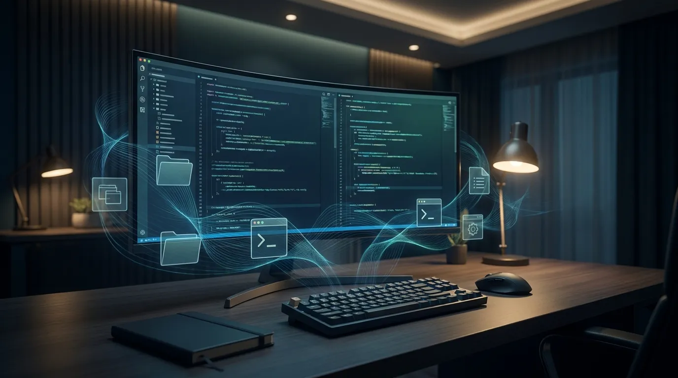 AI coding agent helping organize code, files and development tools on a computer